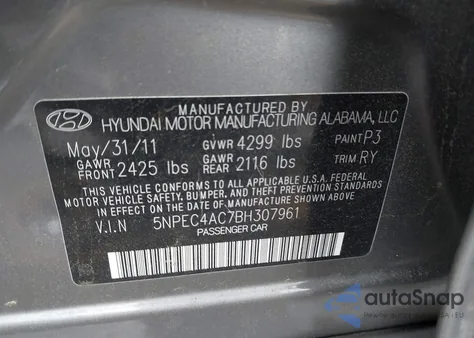 2011 Hyundai Sonata Limited из США, поврежденный, VIN 5NPEC4AC7BH307961